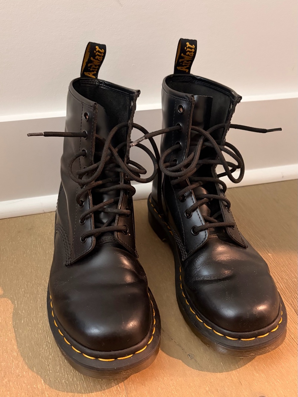 Dr. Martens Black Leather 8-Eye Lace-Up Boots with Yellow Stitching